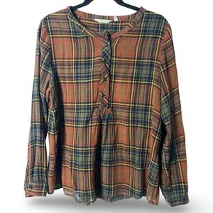 Soft Surroundings Women’s Brown Multicolor Plaid Cotton Tunic Top – Sz. L